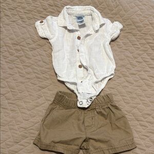 White Button-Up Baby Onesie with Tan Shorts